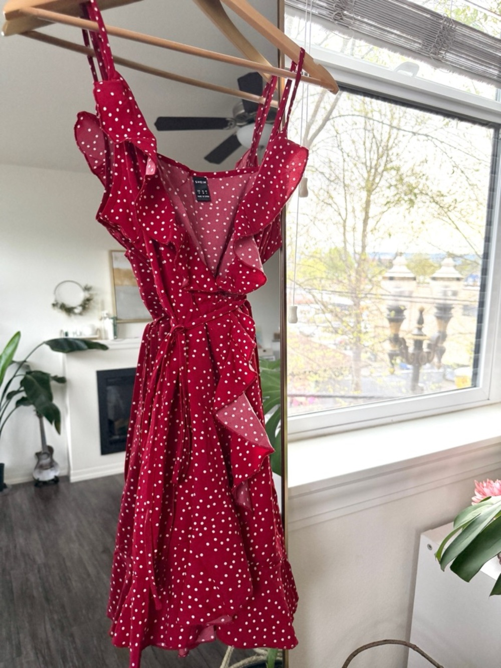 Red White Polka Dot Ruffle Wrap Midi Dress